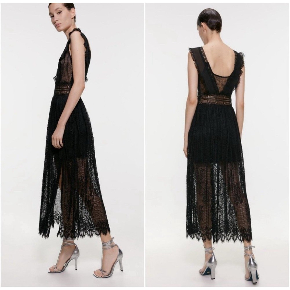 Zara Black Sheer Lace Midi Dress Sleeveless V-Neck Cocktail Evening Size XS